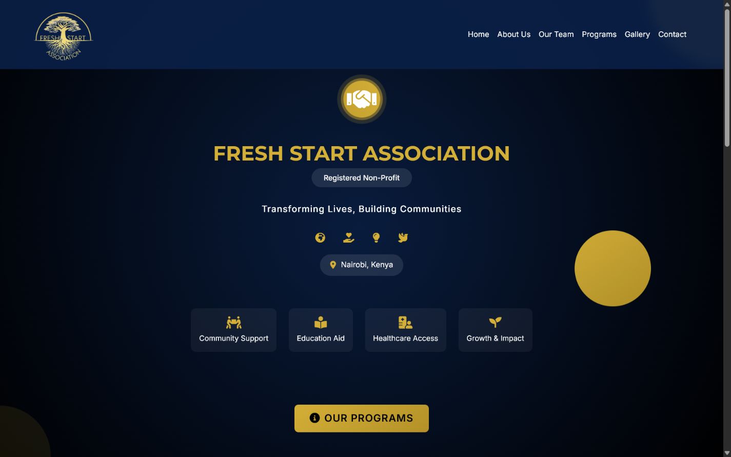 Live website screenshot of Fresh Start Association